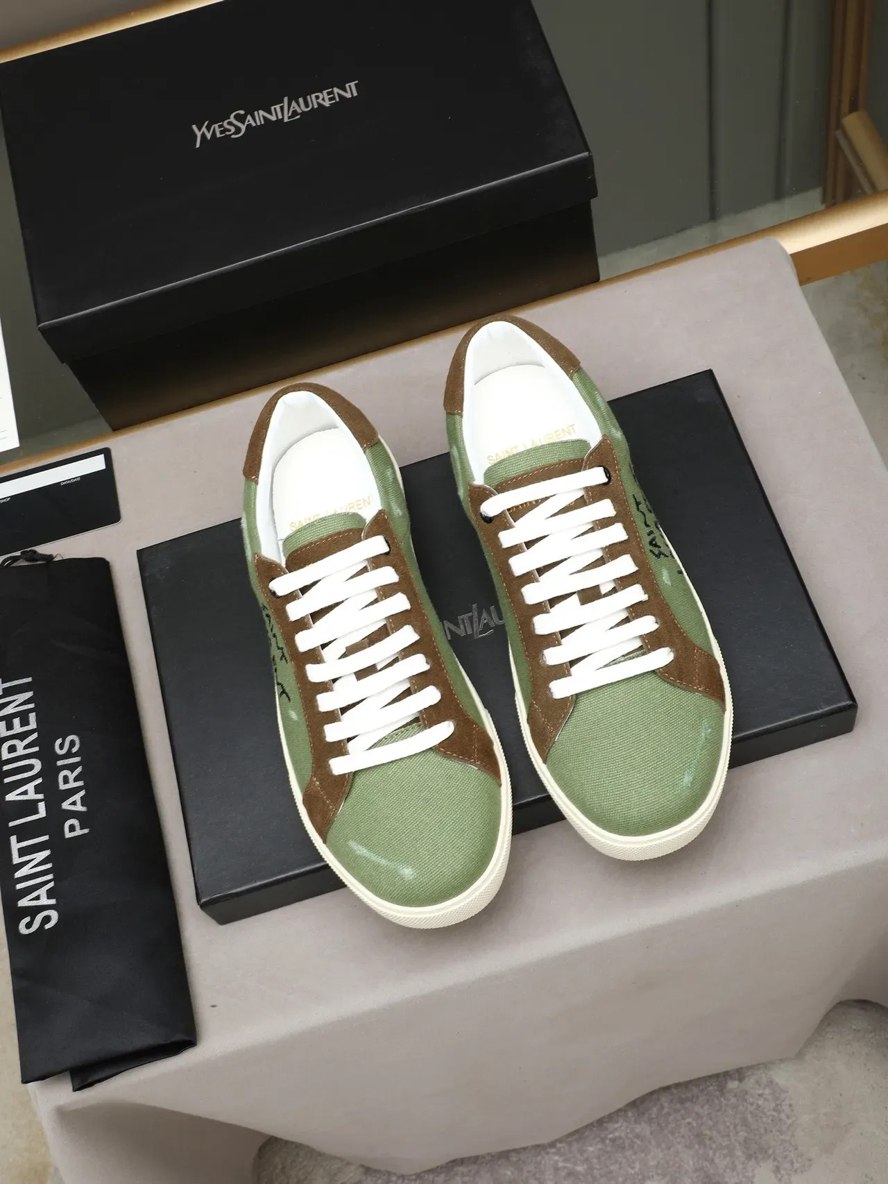 Saint Laurent Green Brown Canvas Upper Suede Overlays Lifestyle Sneakers 2