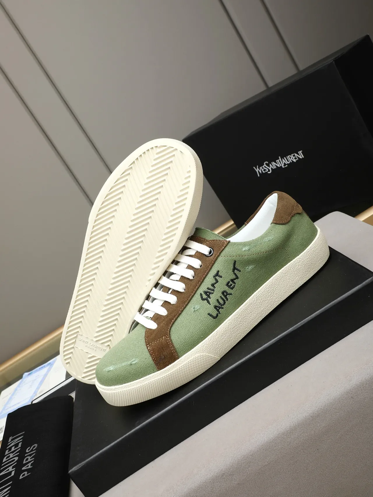 Saint Laurent Green Brown Canvas Upper Suede Overlays Lifestyle Sneakers 4