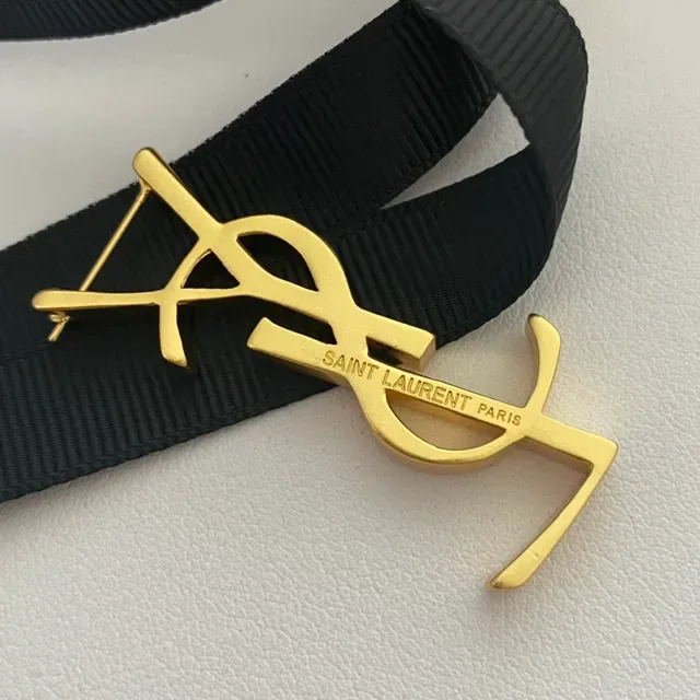 Saint Laurent Monogram Belt Black Gold Buckle Ribbed Fabric Strap Leather Belt 4