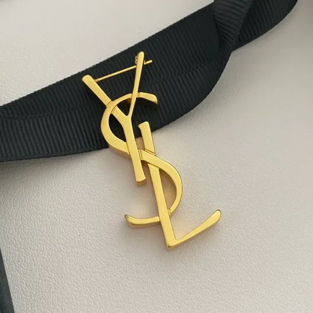 Saint Laurent Monogram Belt Black Gold Buckle Ribbed Fabric Strap Leather Belt 9