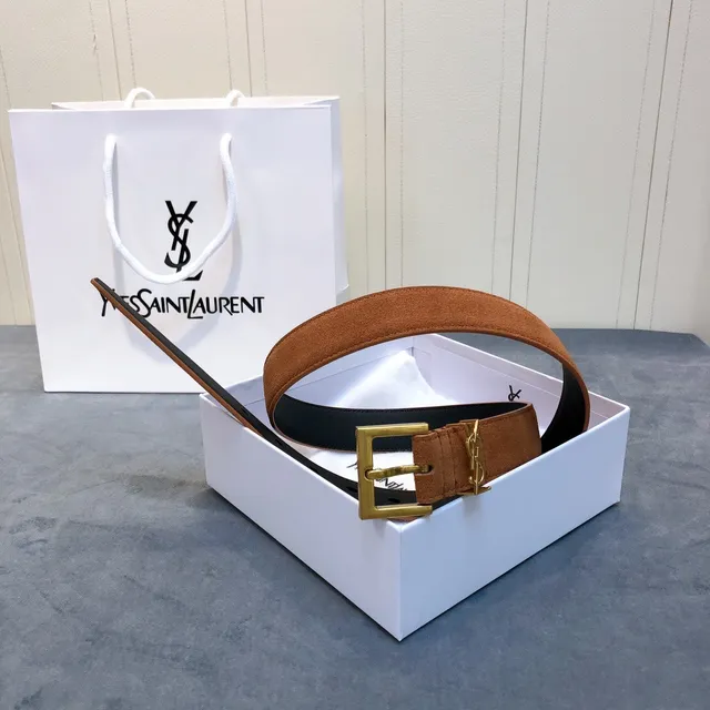 Saint Laurent Monogram Belt marrom e preto reversível de camurça couro 5