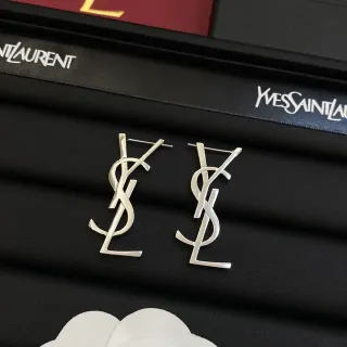 Saint Laurent Monogram Silver Black Motif Openwork Metal Earrings