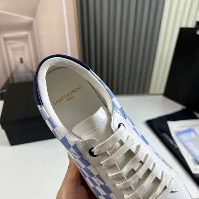 Saint Laurent White Blue Low-Top Checkerboard Panel Lifestyle Sneakers 3