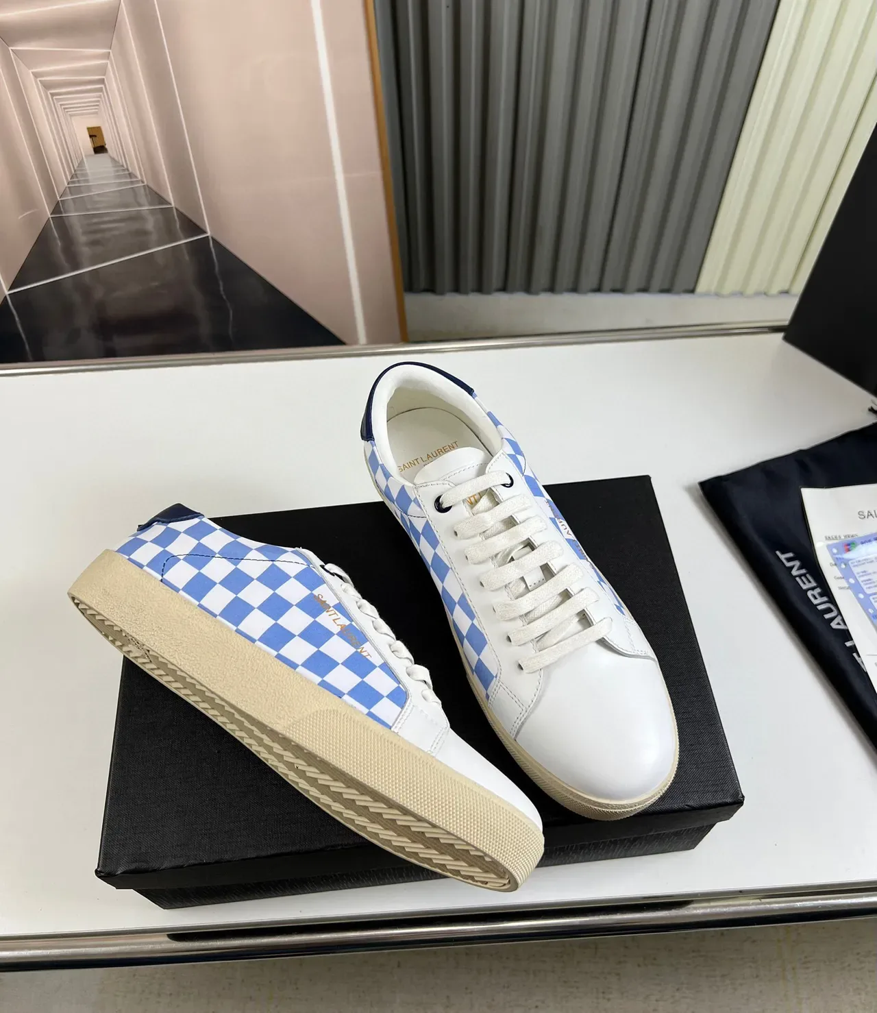 Saint Laurent White Blue Low-Top Checkerboard Panel Lifestyle Sneakers 4