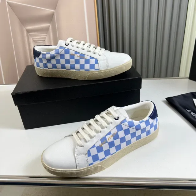 Saint Laurent White Blue Low-Top Checkerboard Panel Lifestyle Sneakers 6