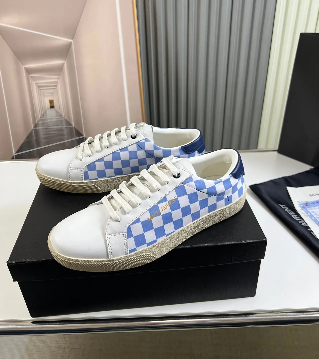 Saint Laurent White Blue Low-Top Checkerboard Panel Lifestyle Sneakers 7