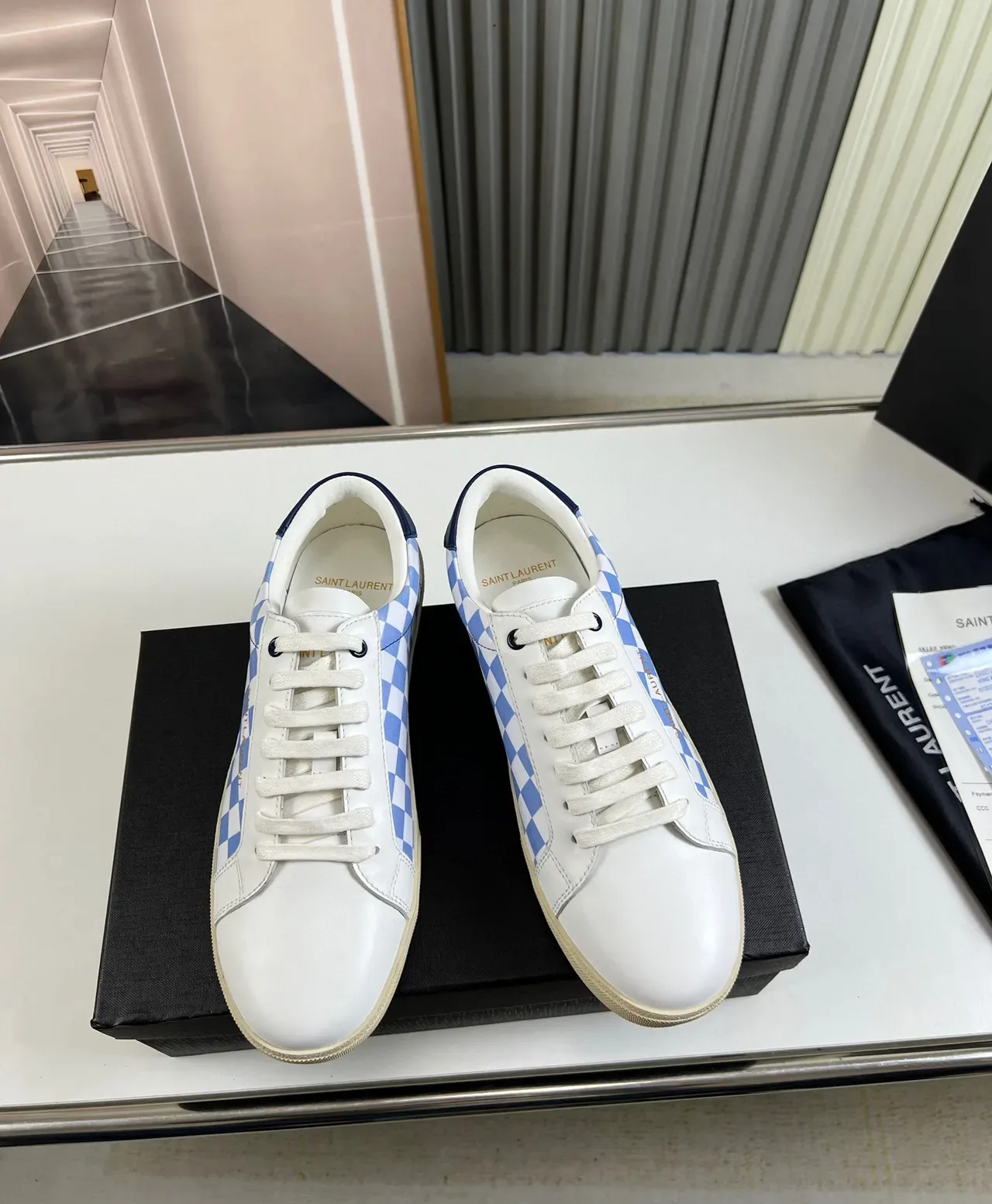 Saint Laurent White Blue Low-Top Checkerboard Panel Lifestyle Sneakers 8