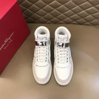Salvatore Ferragamo White Silver High-Top Leather And Textile Sneakers
