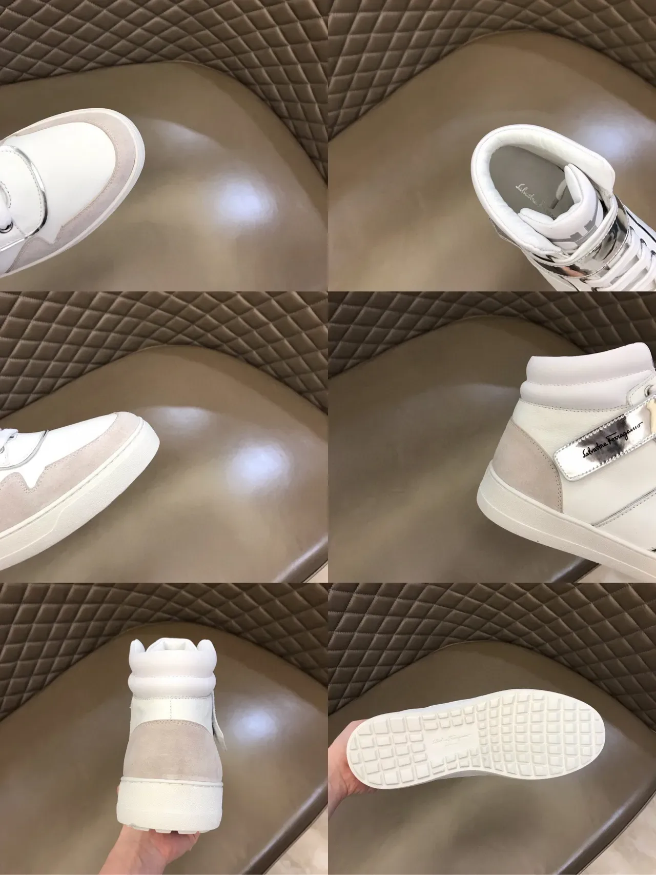 Salvatore Ferragamo White Silver High-Top Leather And Textile Sneakers 2
