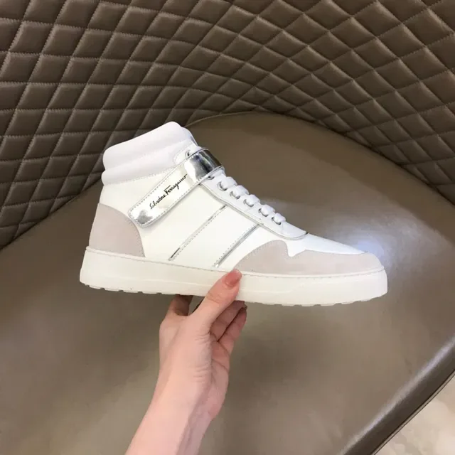 Salvatore Ferragamo White Silver High-Top Leather And Textile Sneakers 5