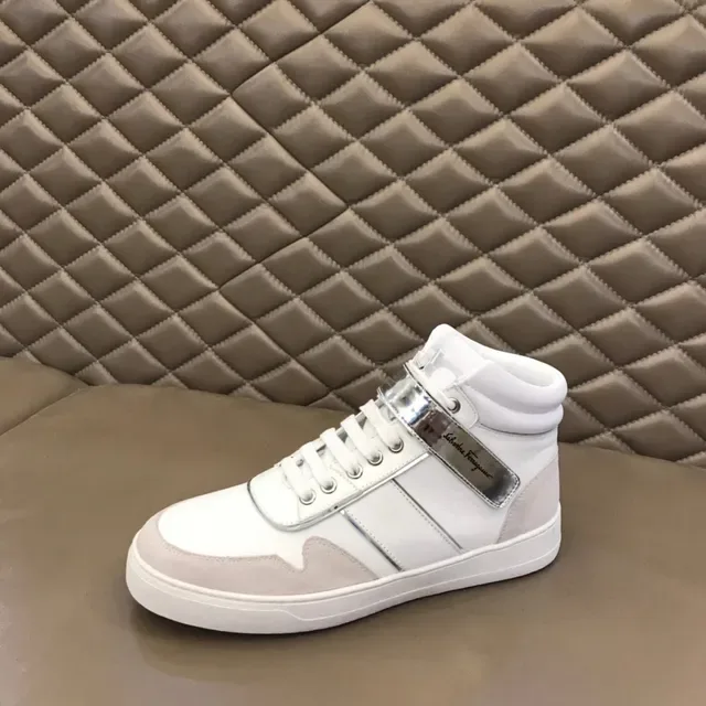 Salvatore Ferragamo White Silver High-Top Leather And Textile Sneakers 6