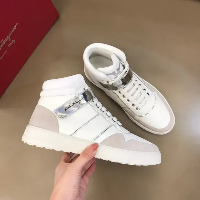 Salvatore Ferragamo White Silver High-Top Leather And Textile Sneakers 7
