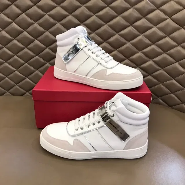 Salvatore Ferragamo White Silver High-Top Leather And Textile Sneakers 8