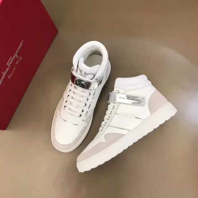 Salvatore Ferragamo White Silver High-Top Leather And Textile Sneakers 9