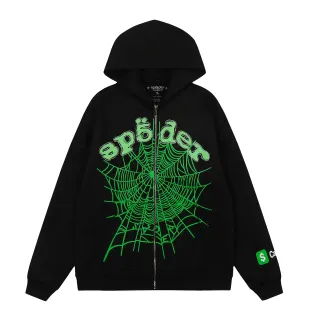 Sp5der Graphic-Print Neon Green Rhinestone Zip-Up Hoodie