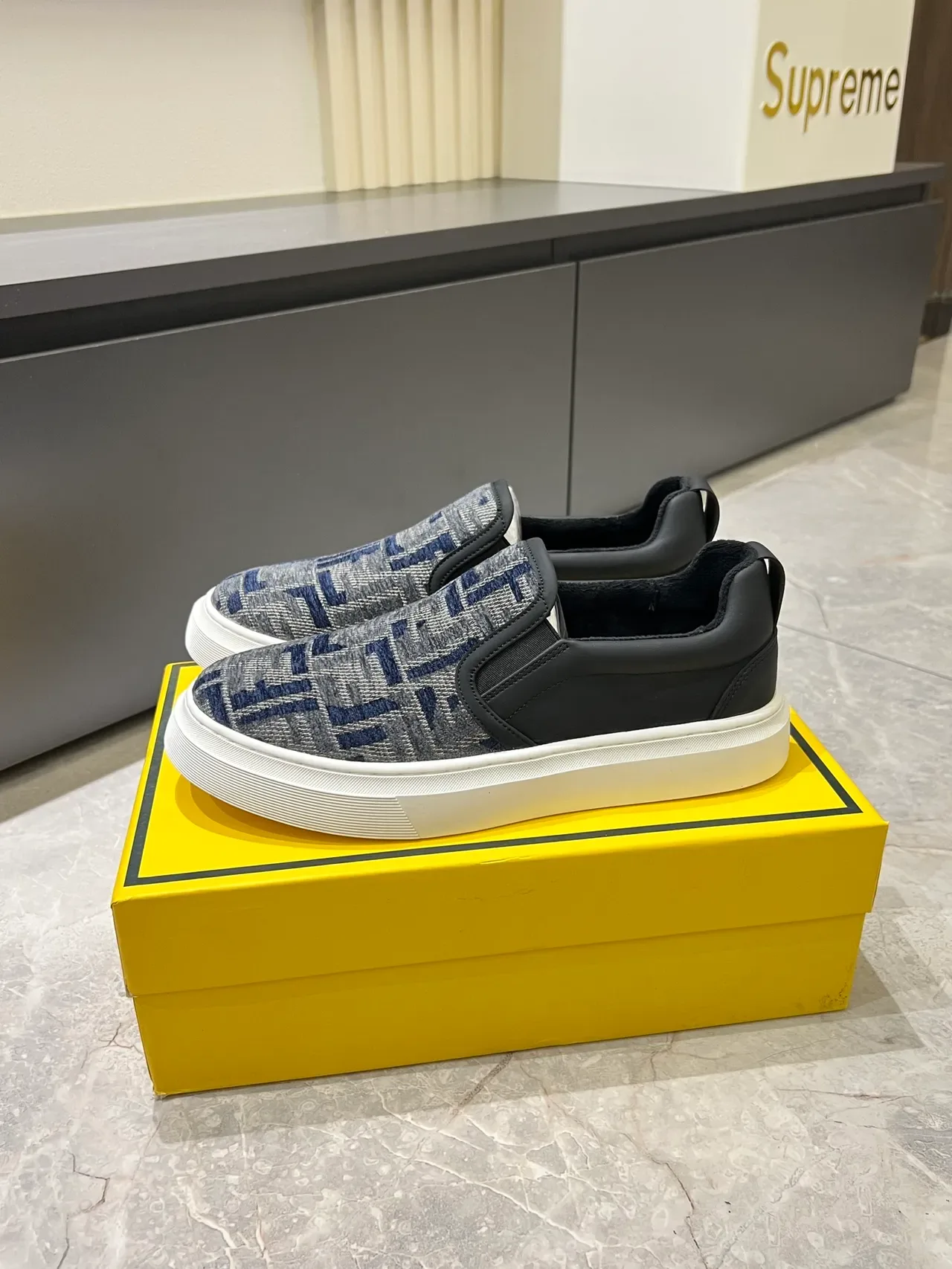 Supreme Slip-On Patterned Knit and Leather Lifestyle Sneakers 4