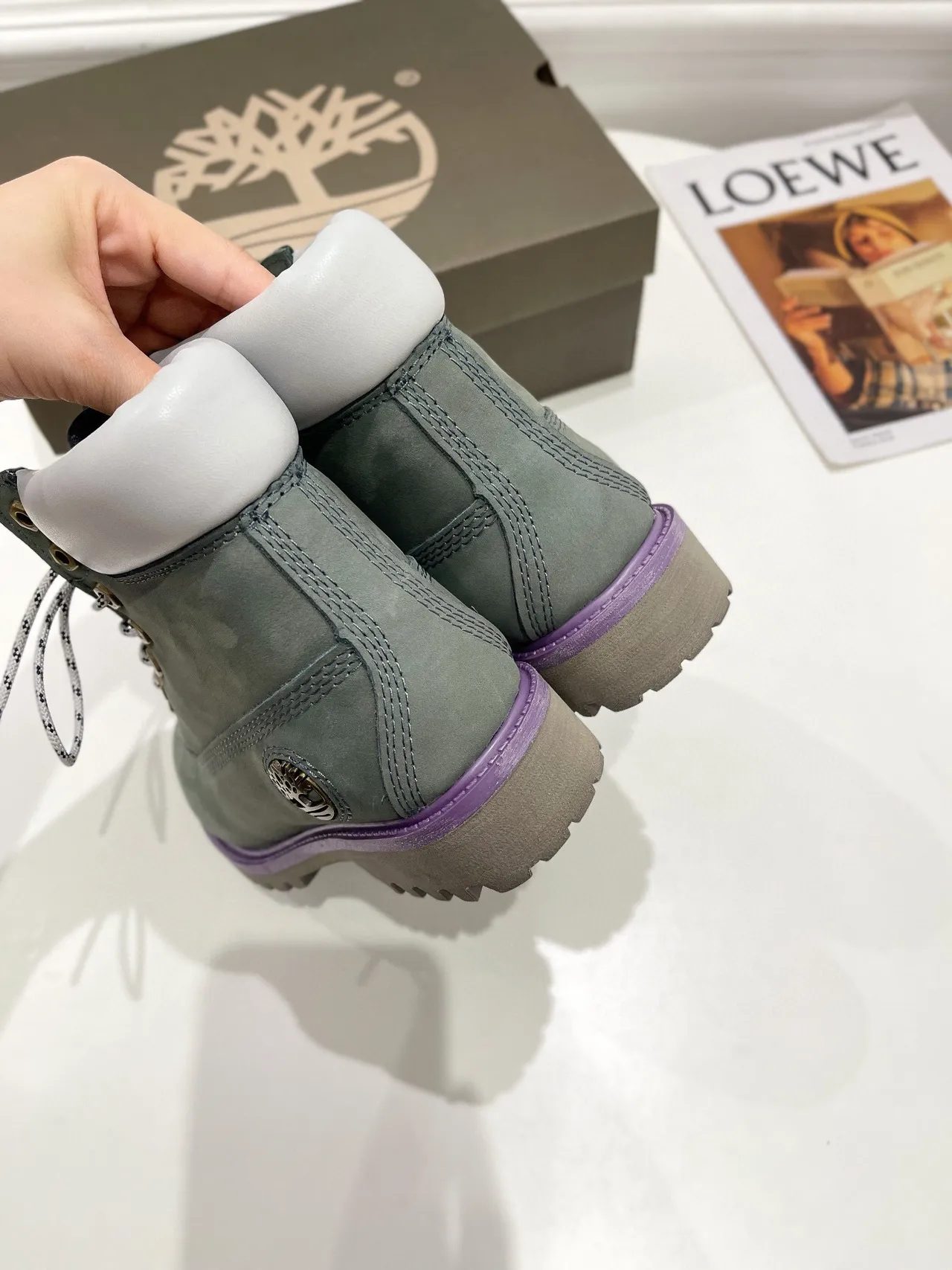 Timberland Classic Waterproof Series Green Purple Muted Sage Suede White Padded Collar Work Boots 3