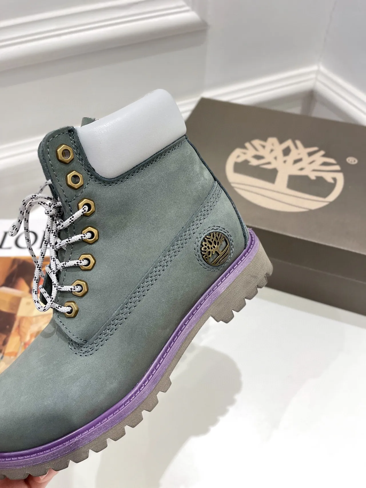 Timberland Classic Waterproof Series Green Purple Muted Sage Suede White Padded Collar Work Boots 4
