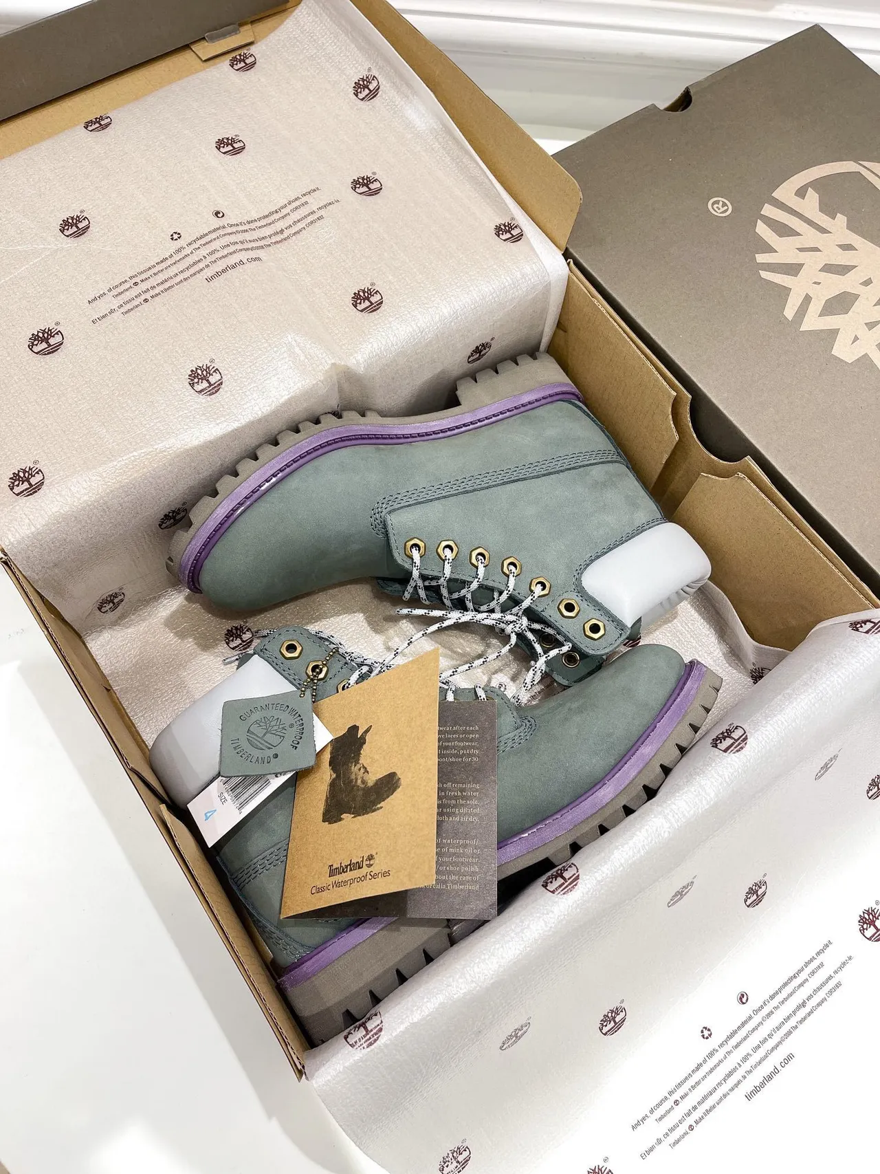 Timberland Classic Waterproof Series Green Purple Muted Sage Suede White Padded Collar Work Boots 5