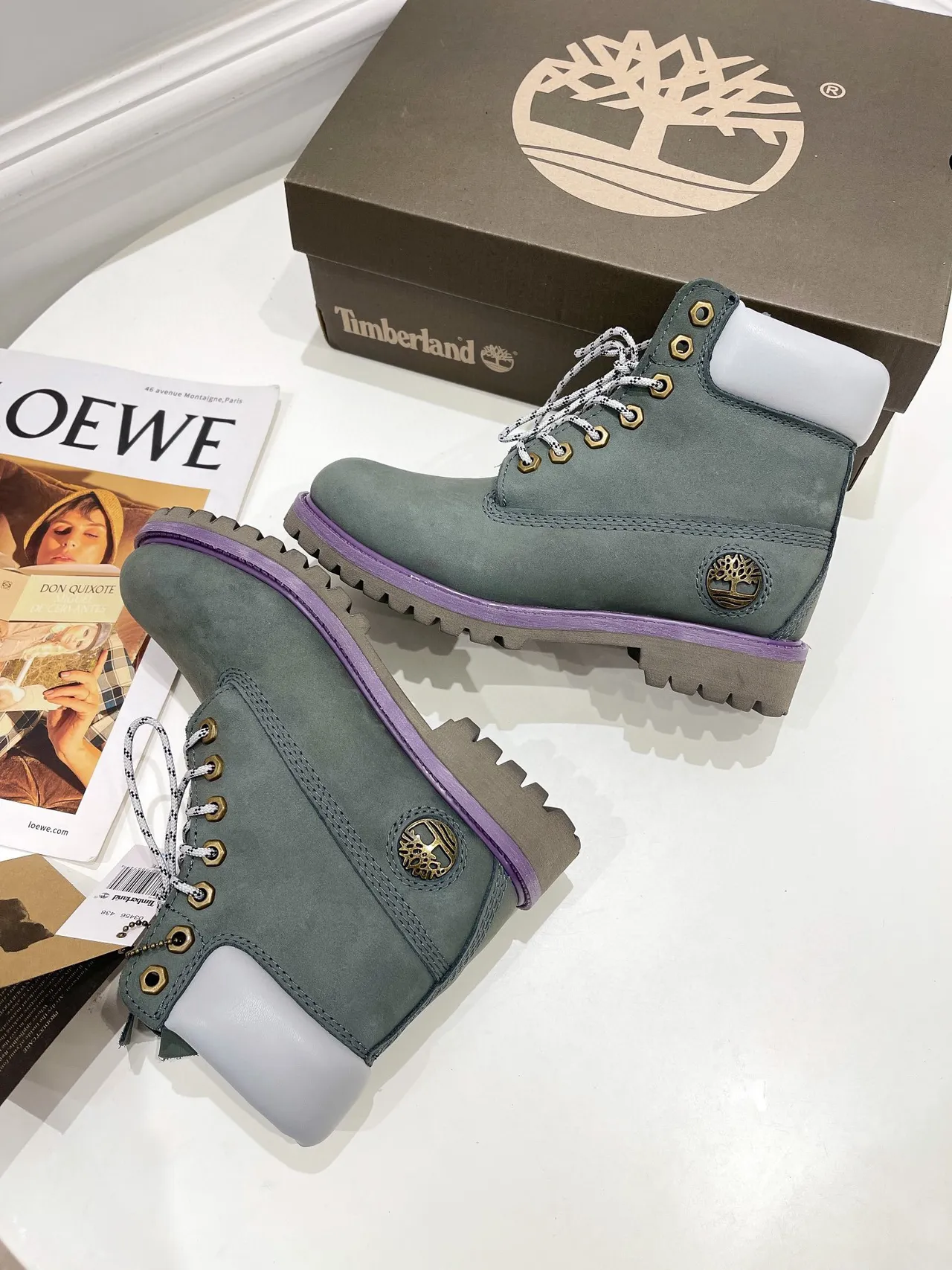 Timberland Classic Waterproof Series Green Purple Muted Sage Suede White Padded Collar Work Boots 6