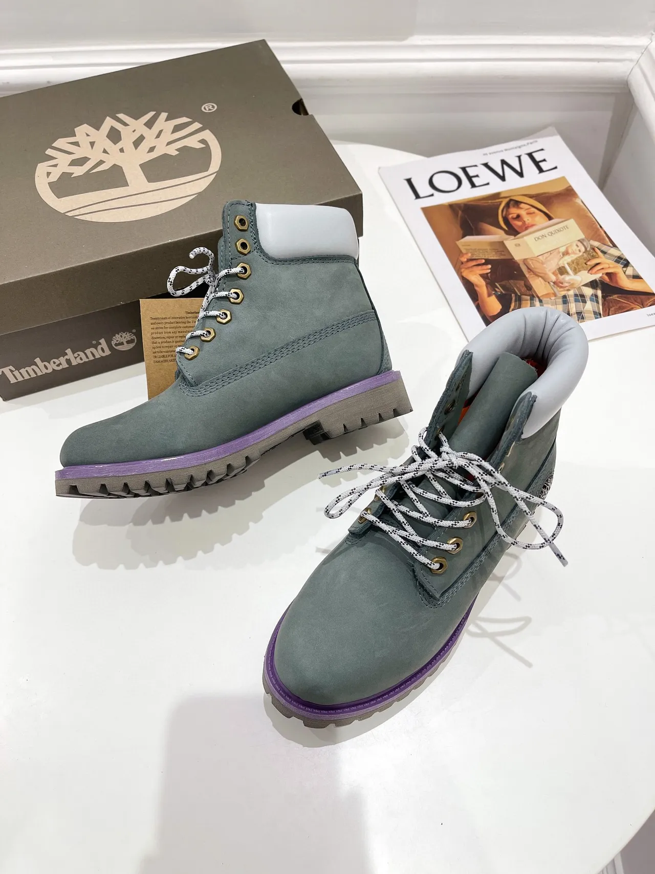 Timberland Classic Waterproof Series Green Purple Muted Sage Suede White Padded Collar Work Boots 7