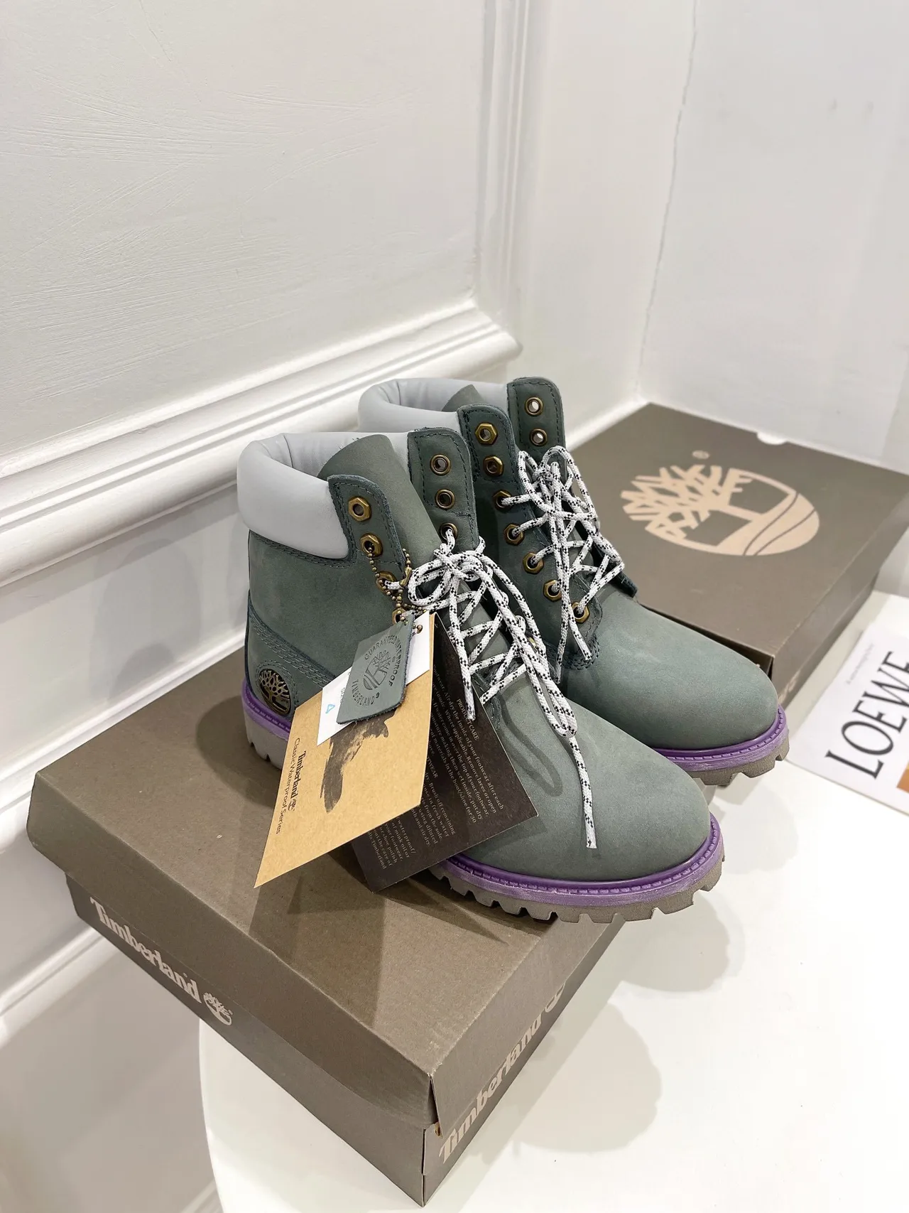 Timberland Classic Waterproof Series Green Purple Muted Sage Suede White Padded Collar Work Boots 8