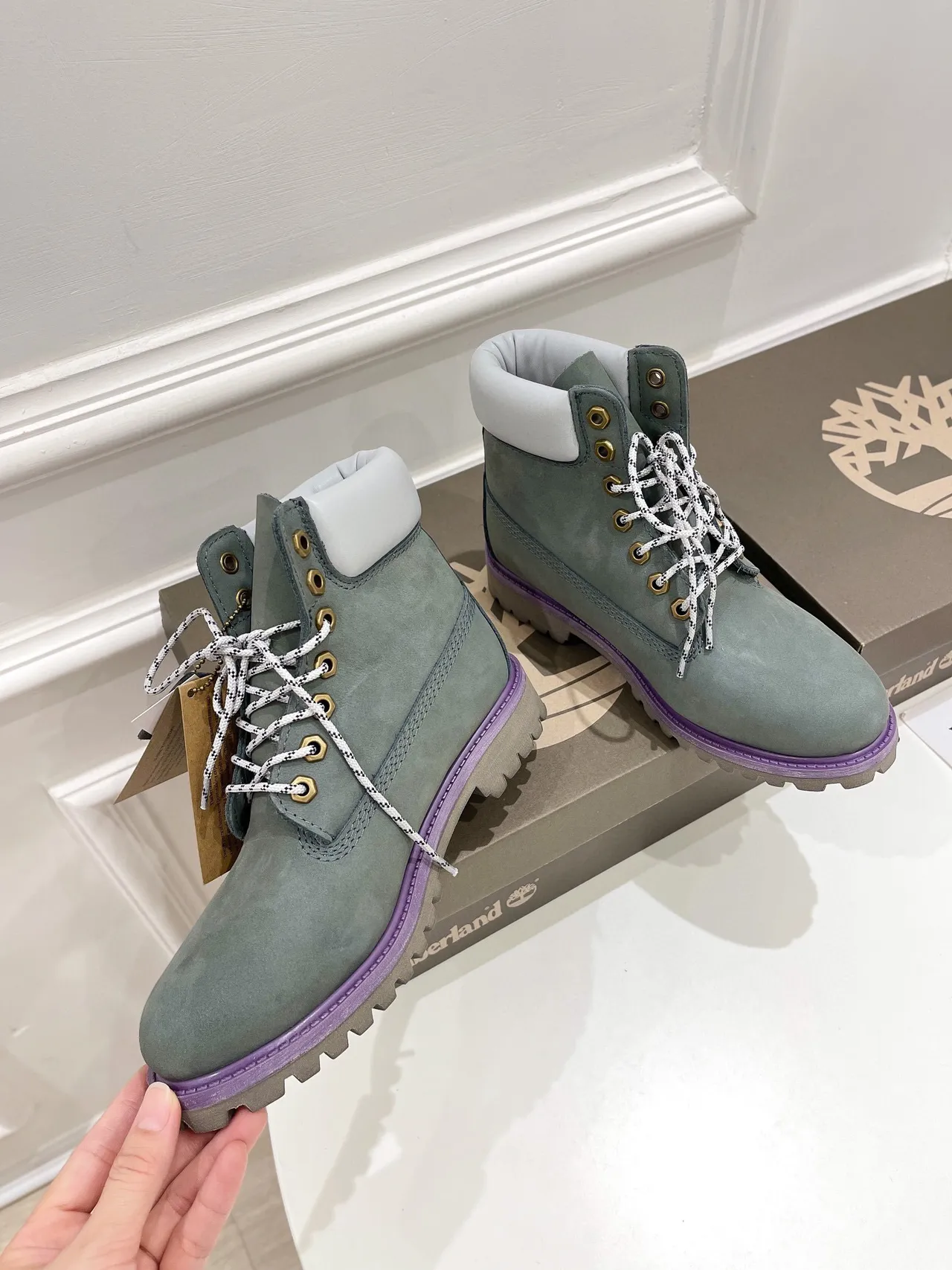 Timberland Classic Waterproof Series Green Purple Muted Sage Suede White Padded Collar Work Boots 9
