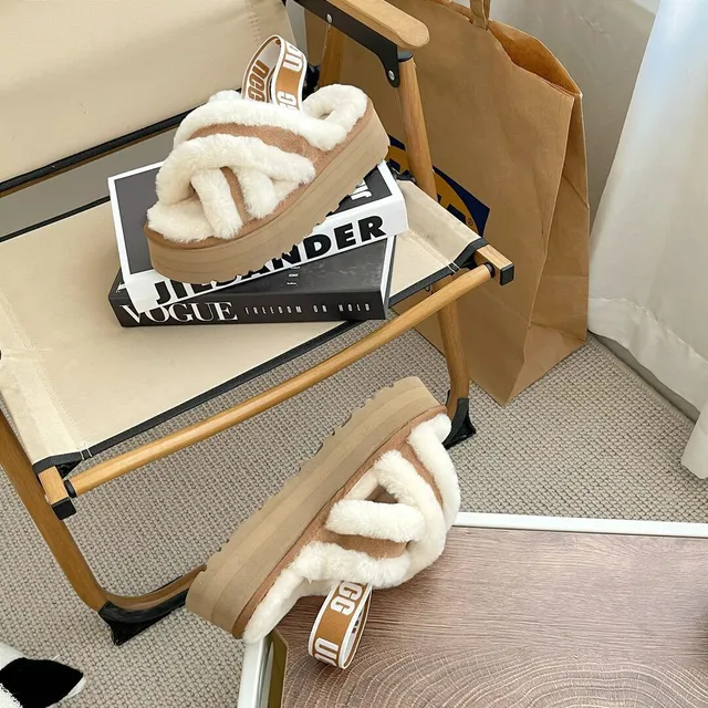 UGG Beige Brown Platform Sole Crisscross Shearling Straps Slippers 3