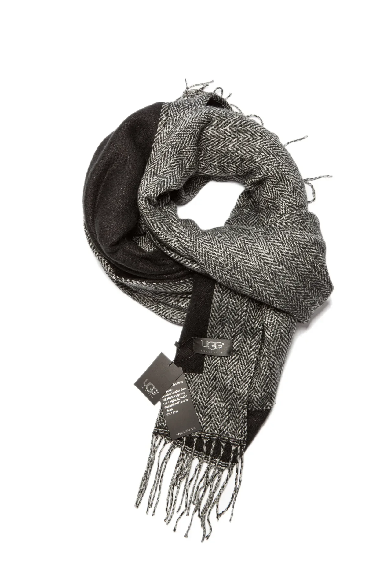 UGG Black Gray Color-Blocked Herringbone Weave Scarve 12