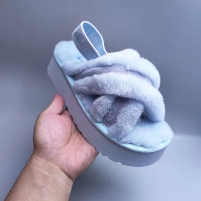 UGG Blue White Fuzzy Shearling-Like Upper Crisscross Strap Design Slippers 2