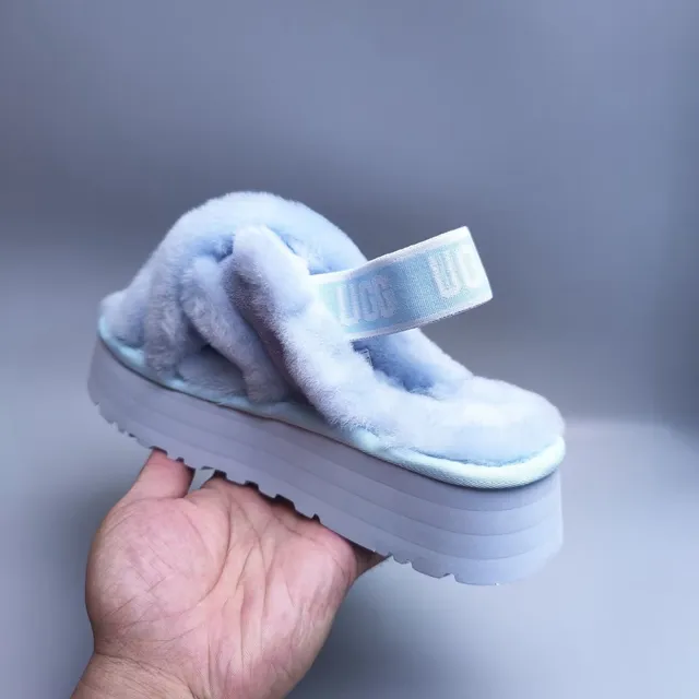 UGG Blue White Fuzzy Shearling-Like Upper Crisscross Strap Design Slippers 3