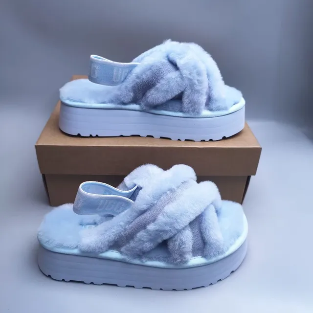 UGG Blue White Fuzzy Shearling-Like Upper Crisscross Strap Design Slippers 4