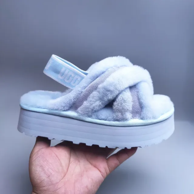 UGG Blue White Fuzzy Shearling-Like Upper Crisscross Strap Design Slippers 5