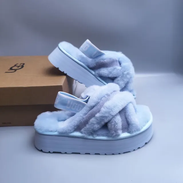 UGG Blue White Fuzzy Shearling-Like Upper Crisscross Strap Design Slippers 6