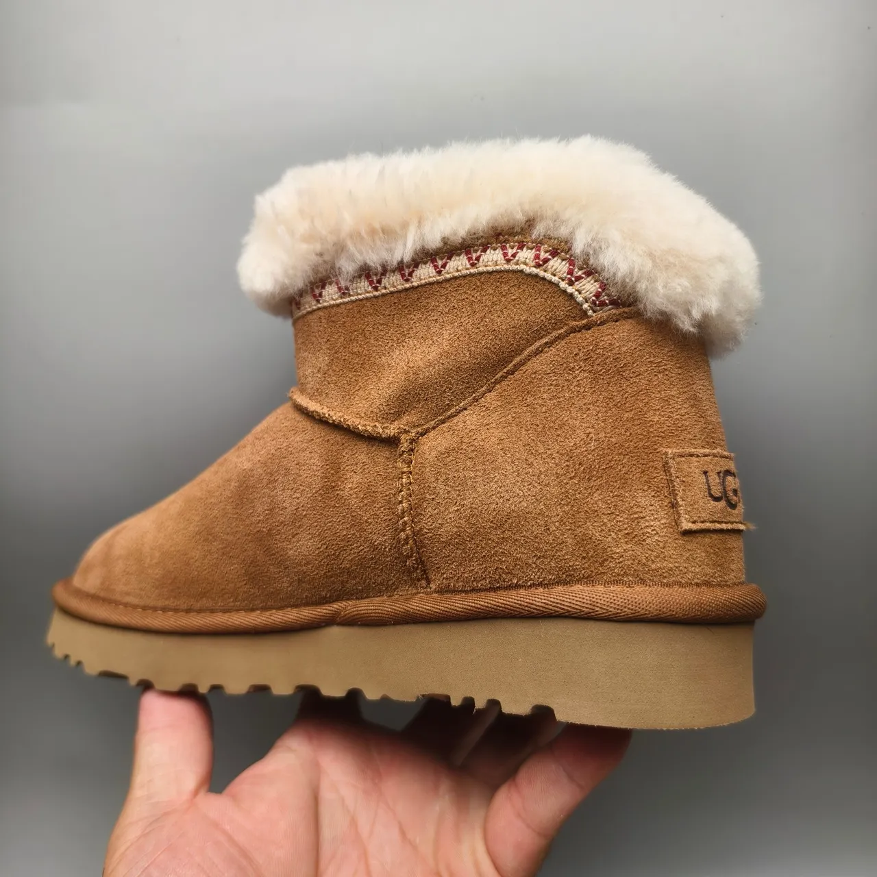 UGG Brown Beige Suede Upper Shearling-Lined Cuff Snow Boots 4