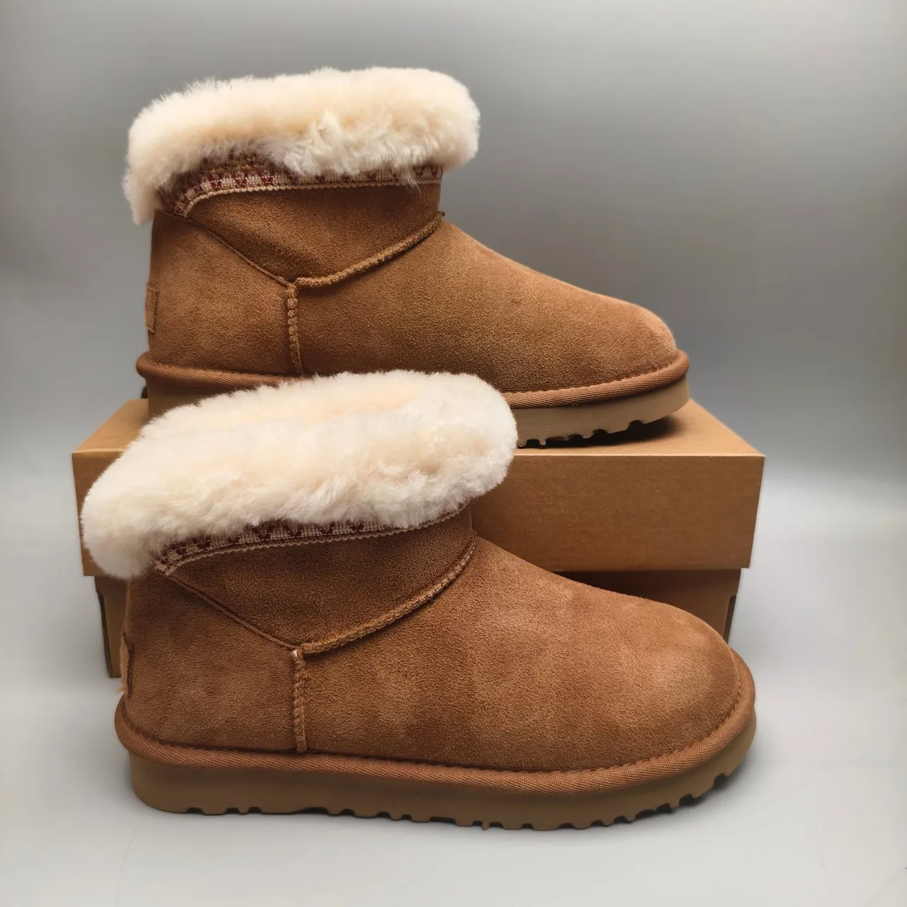UGG Brown Beige Suede Upper Shearling-Lined Cuff Snow Boots 5