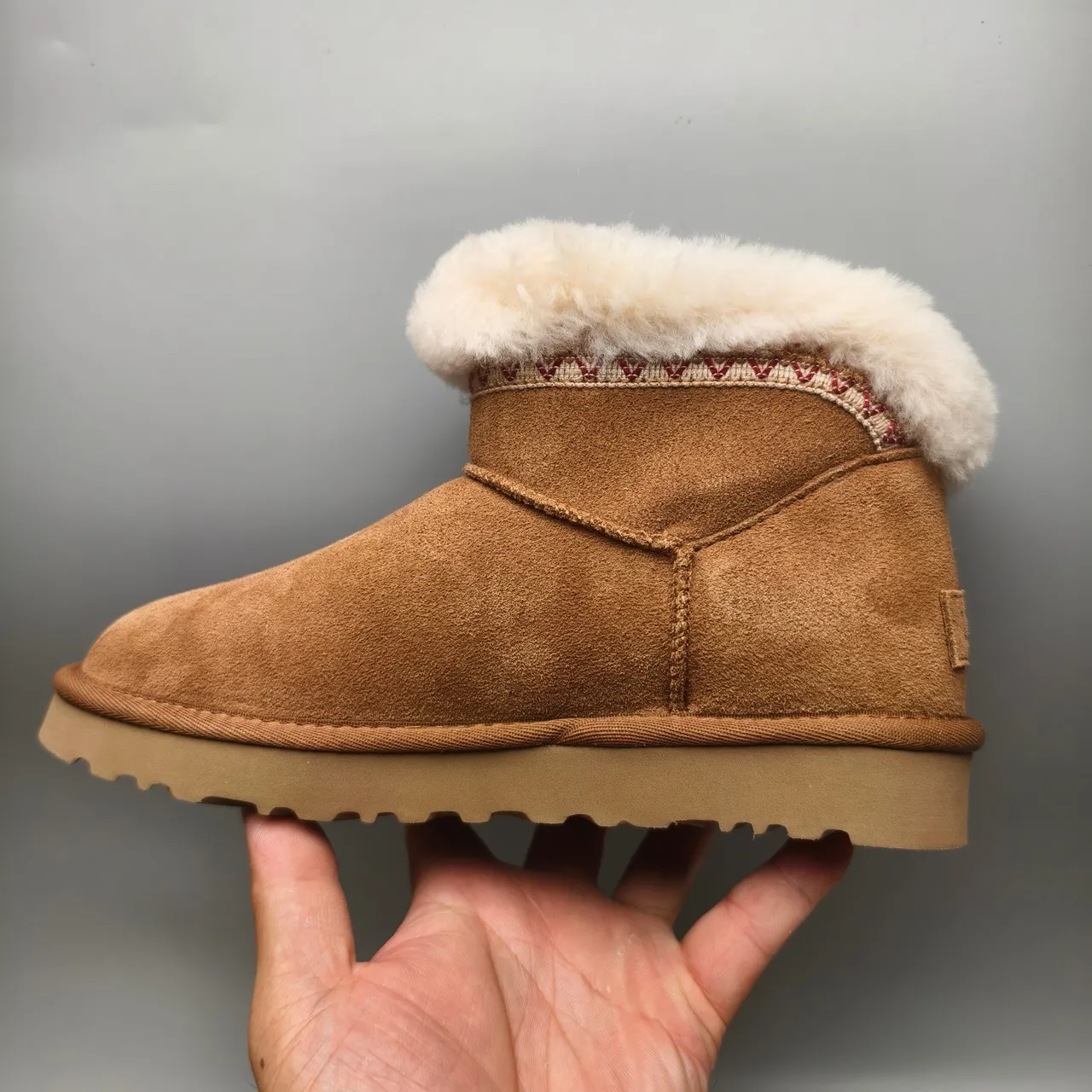 UGG Brown Beige Suede Upper Shearling-Lined Cuff Snow Boots 7