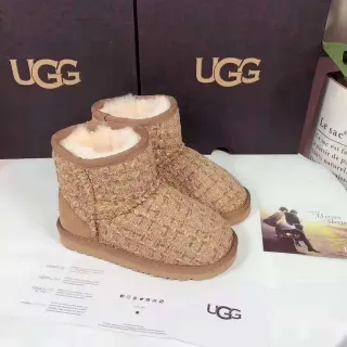 UGG Classic Beige Brown Woven Tweed Upper Shearling-Lined Cuff Snow Boots