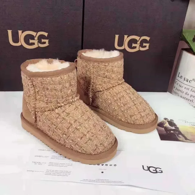 UGG Classic Beige Brown Woven Tweed Upper Shearling-Lined Cuff Snow Boots 3