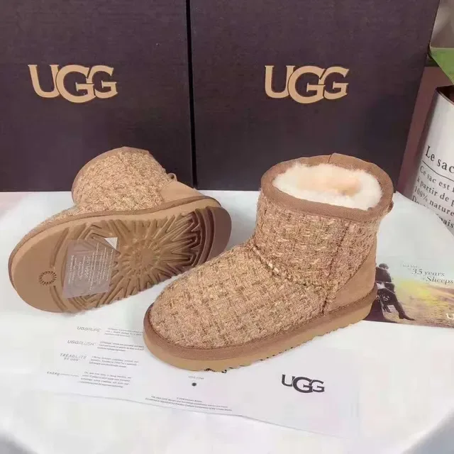 UGG Classic Beige Brown Woven Tweed Upper Shearling-Lined Cuff Snow Boots 4
