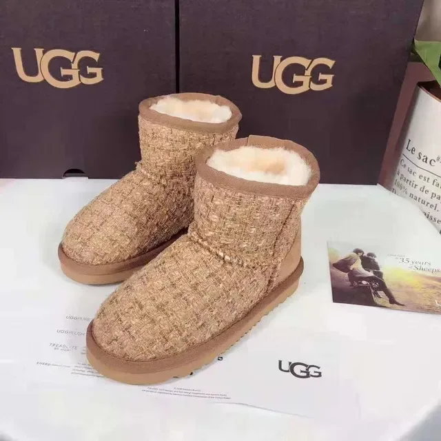 UGG Classic Beige Brown Woven Tweed Upper Shearling-Lined Cuff Snow Boots 5