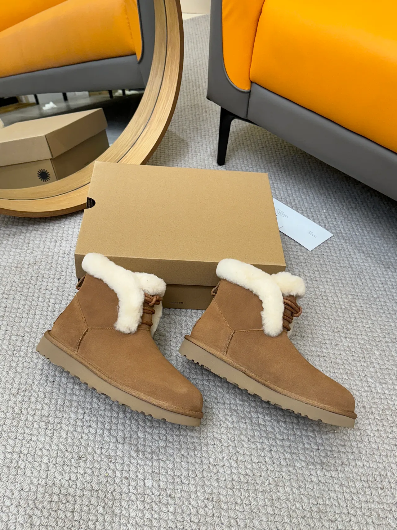 UGG Classic Mini Tan Suede Shearling Cuff Ankle Boots 3