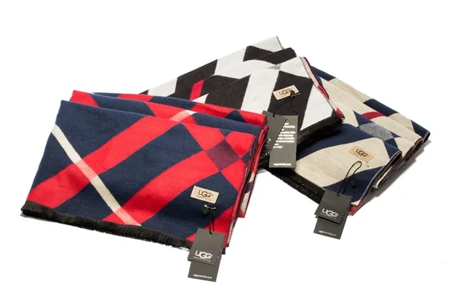 UGG Striped Navy and Red Woven Cashmere Scarf 2