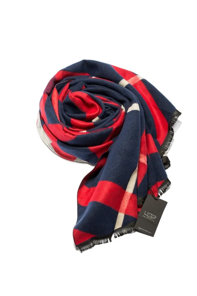 UGG Striped Navy and Red Woven Cashmere Scarf 6