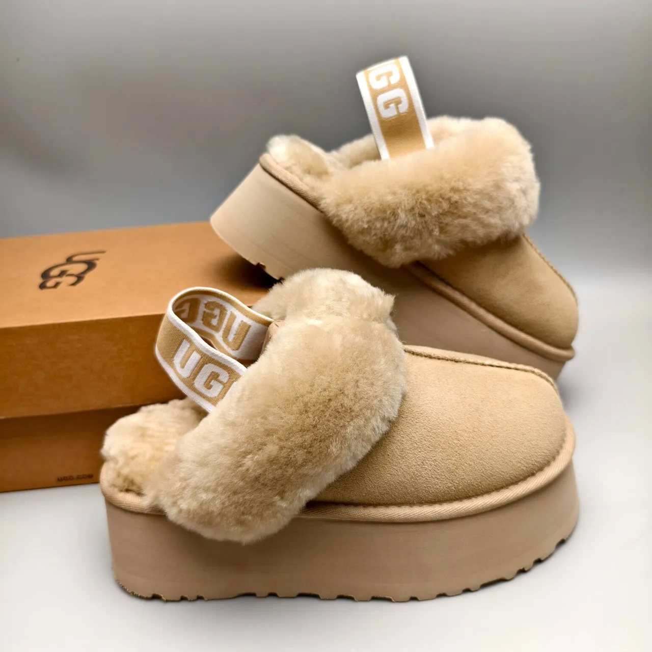UGG Tasman Beige Shearling Platform Slippers 6