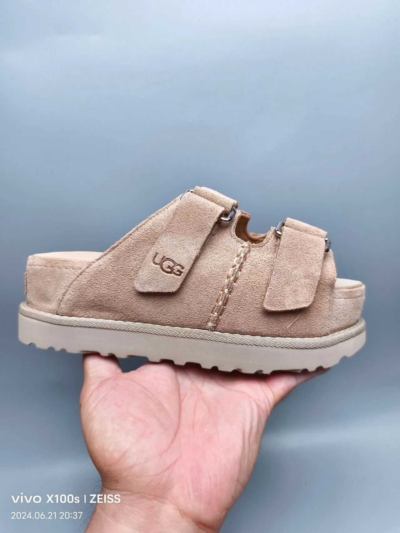 UGG Tasman Beige Suede Double-Strap Platform Slippers 2