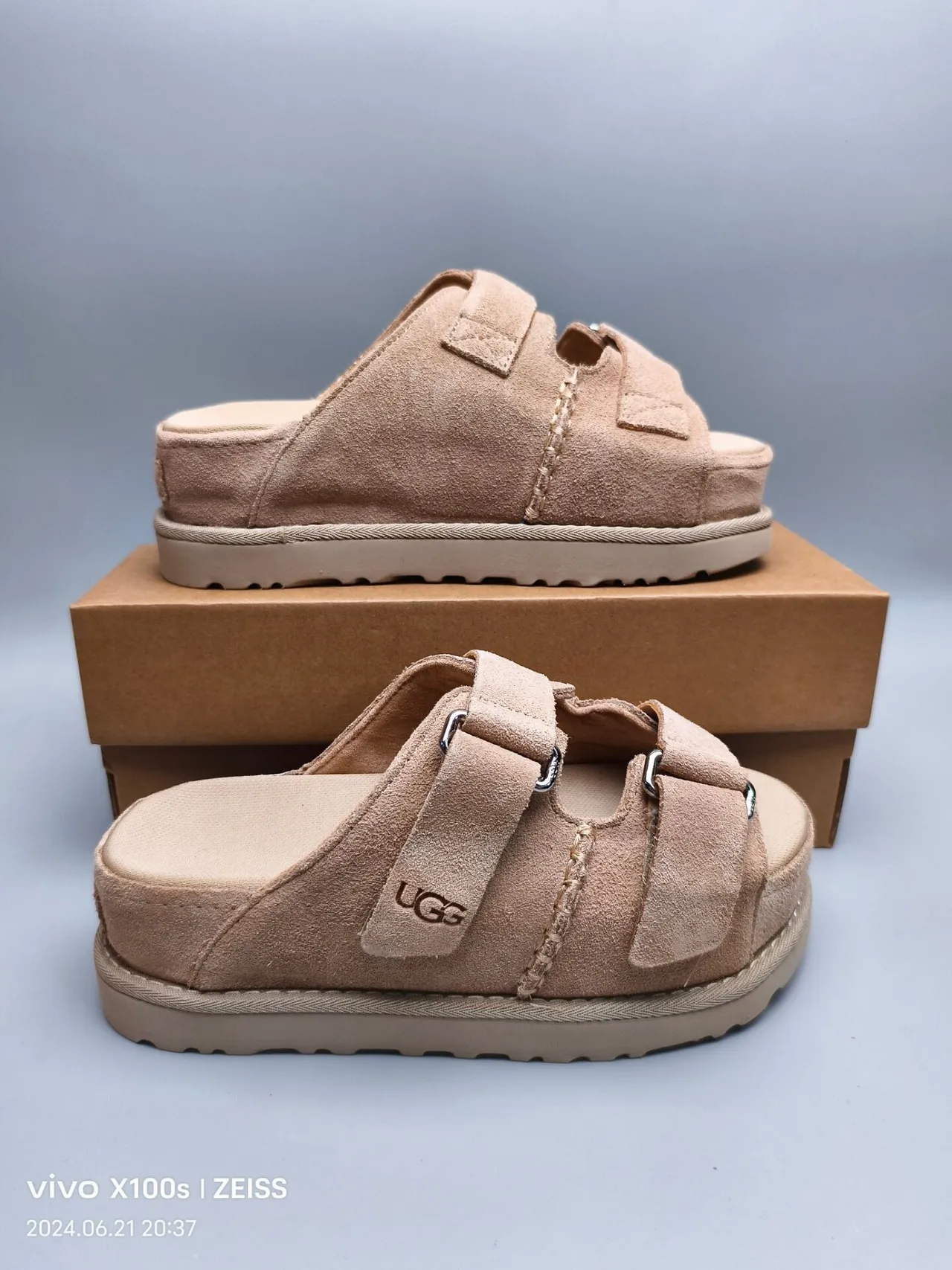 UGG Tasman Beige Suede Double-Strap Platform Slippers 4