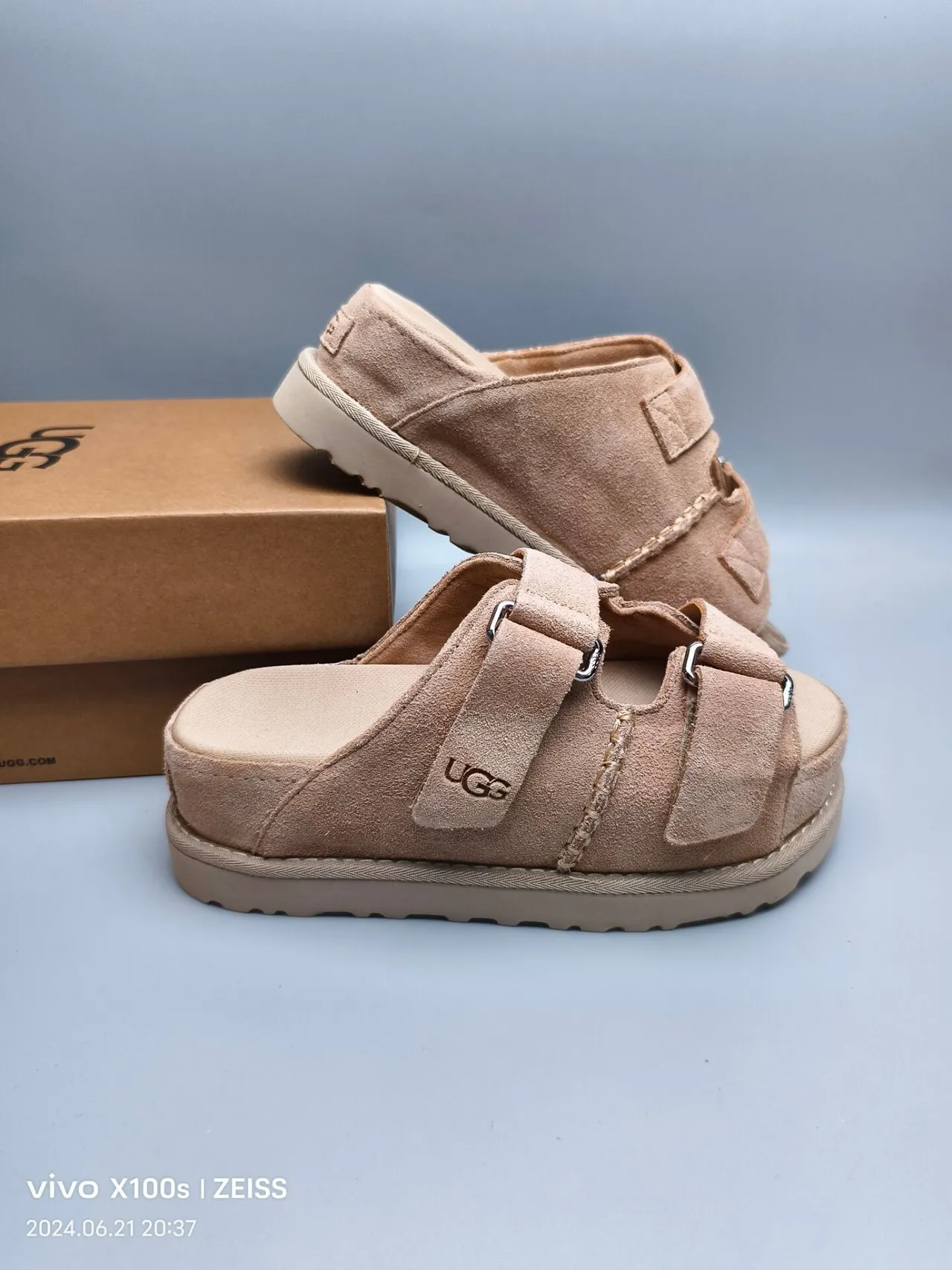 UGG Tasman Beige Suede Double-Strap Platform Slippers 6