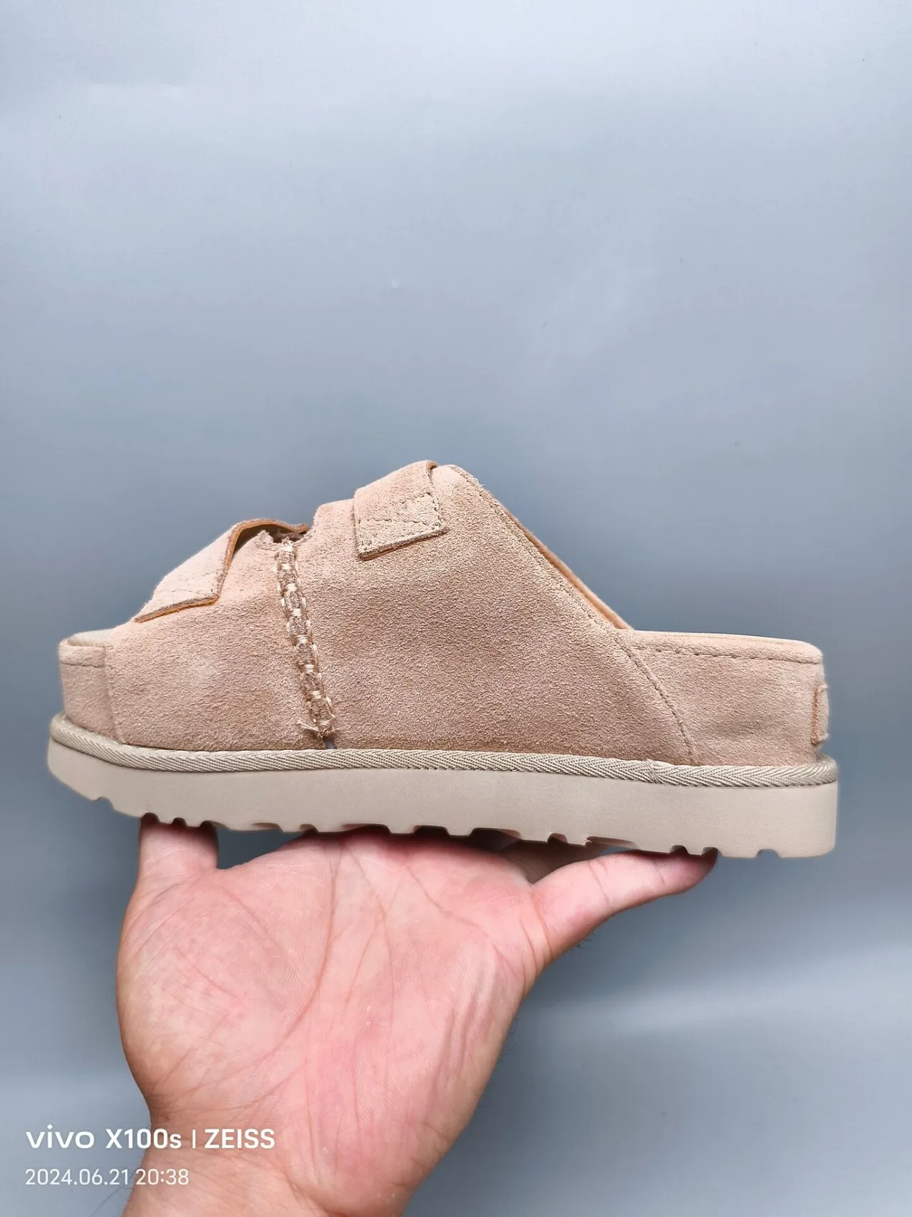 UGG Tasman Beige Suede Double-Strap Platform Slippers 7