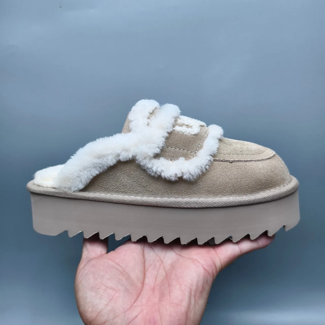 UGG Tasman Beige Suede Shearling-Trimmed Platform Slippers 2